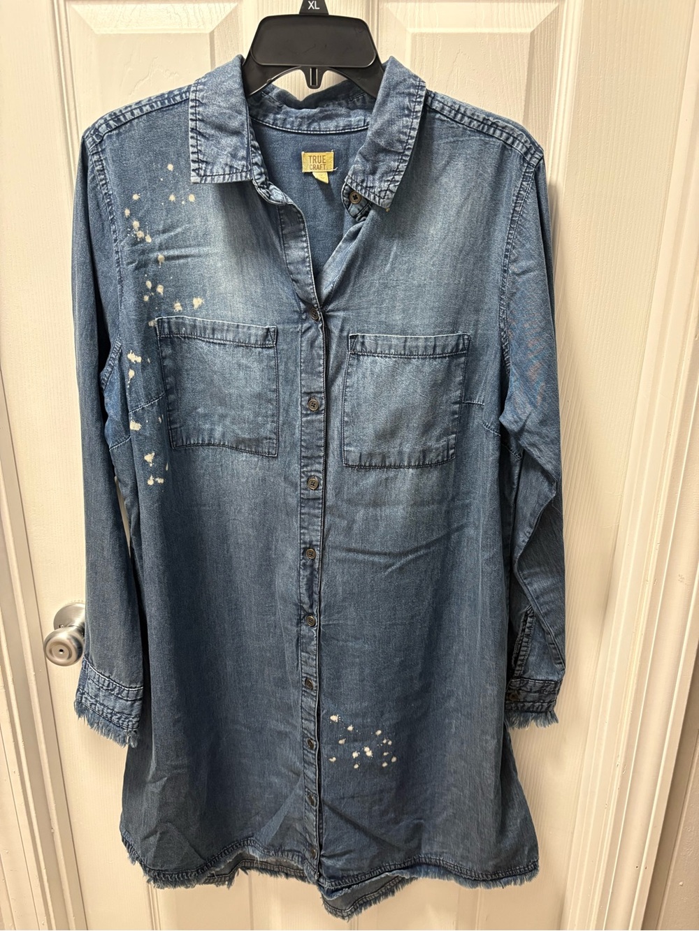 True Craft Denim Top in Faded Blue with White Paint Splatter
